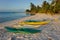Kayaks on sandy tropical beach with coconut trees
