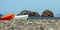 Kayaks on Scorpion bay rocky beach on Santa Cruz island in the Channel Islands National Park offshore from Santa Barbara