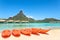 Kayaks on white sand beach, Bora Bora, Tahiti, French Polynesia, South Pacific Concept for relaxation, vacation, resort