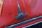 Kazakhstan, Kostanay, 19-06-19, Rally Peking to Paris. The emblem of a vintage car Morris. Close-up front of a red retro car. Dirt