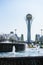 Kazakhstan, Nur-Sultan, the Bayterek tower and the fountain in the foreground.