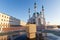 Kazan Kremlin, the Kul-Sharif mosque in the rays of sunset.