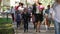 Kazan, Russia, 1 september 2017: Boys and girls and they parents - children with flowers at first day of school