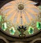 Kazan, Russia - January 07 2021: Beautiful interior of Kul Sharif Mosque in Kazan. Dome and chandelier