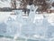 Kazan, Russia - january 3, 2021: ice sculptures deer. Ice installation. Sculptural image of deer made of ice
