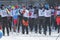 KAZAN, RUSSIA - MARCH, 2018: crowd of standing skiers at ski competitions