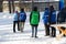 KAZAN, RUSSIA - March, 2018: Kazan ski marathon - group of volunteer waiting for sportsmen