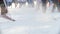 Kazan, Russia - March, 2018: slow motion close-up of professional skiers ` feet, the snow flying from under the skis