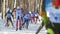 KAZAN, RUSSIA - March, 2018: slow motion of winter men`s ski marathon, athletes skiers running in the woods