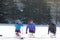 KAZAN, RUSSIA - MARCH, 2018: Three disabled skiers waiting to start on city ski competitions