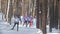 KAZAN, RUSSIA - March, 2018: view of the approaching group of professional skiers participating in the ski marathon in