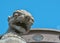 Kazan, Russia, September 17, 2020. Sculpture of the head of a leopard against the background of the center of the family close-up