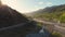 Kazbegi mountains and highway with lorry truck passing on left