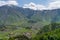 Kazbegi village in summer season, small village surrounded by Caucasus mountains range in Georgia