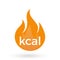 Kcal icon. Kilocalorie symbolic emblem for food products cover designation. Fat burning visual. Calories splash effect