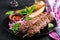 Kebab adana, lamb and beef and toasts with pesto sauceKebab adana, lamb and beef and toasts