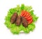 Kebab, tomato and green salad on white background.