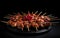 Kebabs - grilled meat skewers, shish kebab with vegetables on black wooden background.