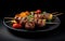 Kebabs - grilled meat skewers, shish kebab with vegetables on black wooden background.