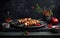 Kebabs - grilled meat skewers, shish kebab with vegetables on black wooden background. Created with Generative AI