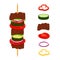 Kebabs on skewers, roasted meat - lamb, pork. Cartoon flat style.