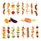 Kebabs of Vegetable, Meat and Seafood Slabs on Wooden Skewers Big Vector Set