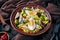 Kedgeree in a clay bowl, top view