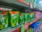 Kediri, Indonesia, August 14, 2023. Various dish washing soap products are displayed on supermarket shelves. Sunlight liquid soap