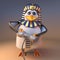 Keen gamer penguin pharaoh Tutankhumun playing a video game with a joystick controller, 3d illustration
