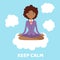 Keep calm relax spiritual zen balance lotus yoga concept vector illustration. Black skinned business woman doing yoga in