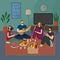 Keep calm and stay home. Covid-19 Quarantine.Vector illustration of self-isolation.Cozy atmosphere, company of friends with guitar