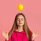 Keep Calm. Woman With Sun Emoji Above Head Meditating On Pink Background