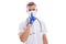 Keep quiet in hospital room. covid-19. man in mask with hush gesture. doctor in safety costume. hygiene on coronavirus