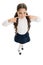 Keep silence. Strict school rules. September time to study. Girl cute pupil on white background. School uniform. Back to
