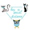 Keep the social distance text. Social distance illustration concept. Animals in masks. Cat, owl and lemur. Quarantine. Virus safet