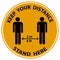 Keep Your Distance stand here. Social Distancing Traffic Sign Style Round Keep a Safe Distance of 6 Feet , 2 Metres Sticker Badge