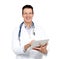 Keeping abreast on medical developments. Studio portrait of a smiling doctor holding a digital tablet and smiling at the