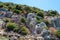 Kekova where sunken shipwrecks of Dolkisthe Antique City which was destroyed by earthquakes in the 2nd century, Turkey