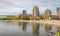 Kelowna Skyline in the summer from Okanagan Lake in overcast day Kelowna British Columbia Canada