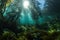 kelp forest with schools of fish and octopus hiding among the fronds