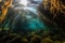 kelp forest with schools of fish and octopus hiding among the fronds