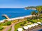 Kemer, Antalya, Turkey - May 11, 2021: Panorama of beach of Golden Lotus 4 star hotel