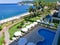 Kemer, Antalya, Turkey - May 11, 2021: Panorama of beach of Golden Lotus 4 star hotel