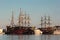 Kemer, Turkey - February 4, 2022: Retro sailing ships in yacht marina of Kemer, a seaside resort town in Antalya Province on the