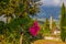 KEMER, TURKEY: View of the minaret of the Mosque Kemer Cami and the pink flower on a sunny day.