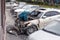 Kemerovo 2019-09-16 Burned out white car Infiniti FX50S and road service