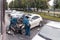 Kemerovo 2019-09-16 Burned out white car Infiniti FX50S and road service