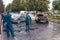 Kemerovo 2019-09-16 forensic experts, police, emergency services do inspection, expertise of white abandoned car