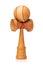 Kendama Japanese wooden toy with red threads isolated on white background