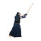 Kendo fighter with protective clothing and mask. Kendo sport martial discipline training. Traditional combat skill from Japan.